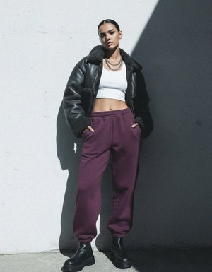 Relaxed Fit Purple Fleece Sweatpants with Cuffed Ankles