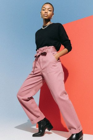 Stylish Pink Paper-Bag Waist Regular Pants