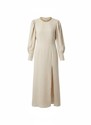 Chic Beige Midi Dress with Side Slit & Puffed Sleeves