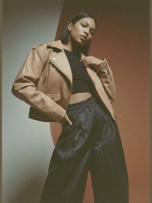 Beige Distressed Faux Leather Biker Jacket