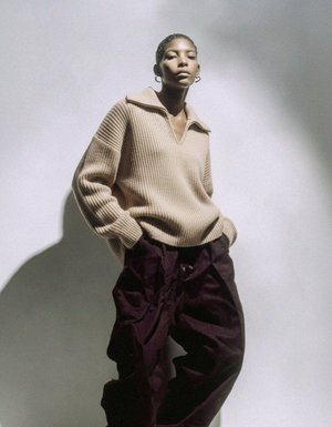 Beige Ribbed Knit Sweater with V-Neck Collar