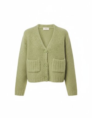 Textured Knit V-Neck Cardigan with Pockets - Green