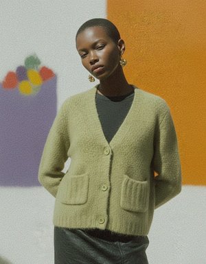 Textured Knit V-Neck Cardigan with Pockets - Green