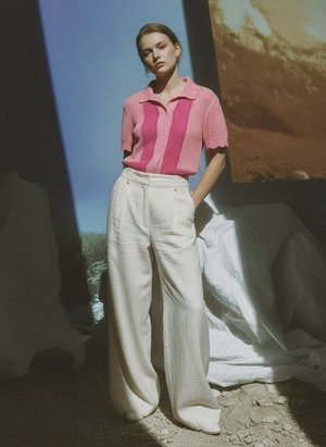 Pink Crochet Knit Short Sleeve Shirt