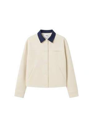 Cream Ribbed Jacket with Contrast Blue Collar