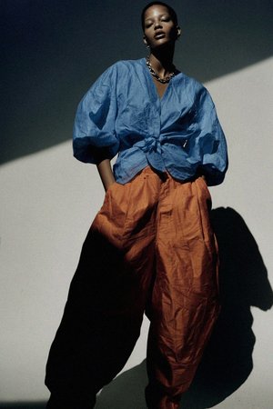 Textured Blue Blouse with Puff Sleeves