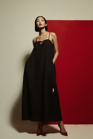 Black Textured Maxi Dress with Tie-Front Straps