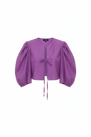 Purple Embroidered Puff Sleeve Tie-Front Blouse