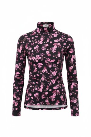 Black Floral Print Fitted Turtleneck Top
