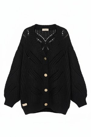 Oversized Black Knit Cardigan with Open Stitch Detail
