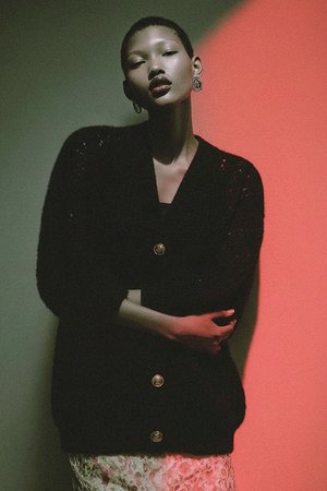 Oversized Black Knit Cardigan with Open Stitch Detail