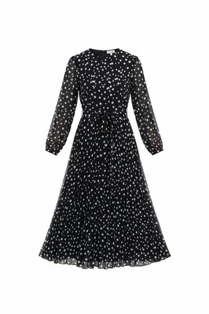Polka Dot Pleated Midi Dress with Tie Waist
