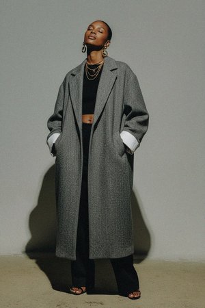 Oversized Grey Herringbone Long Coat