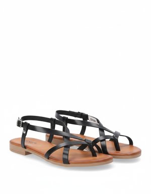 Black Strappy Flat Sandals with Ankle Buckle
