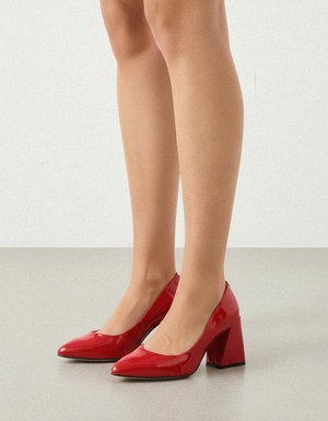 Red Patent Leather Block Heel Pumps