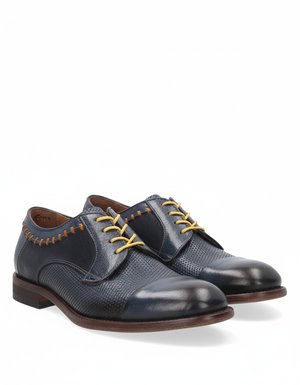 Blue Textured Leather Derby Shoes with Yellow Laces