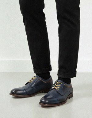 Blue Textured Leather Derby Shoes with Yellow Laces