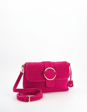 Vibrant Pink Suede Shoulder Bag with Gold Ring Clasp