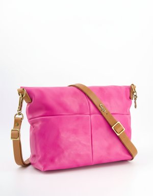 Vibrant Pink Leather Shoulder Bag with Tan Strap