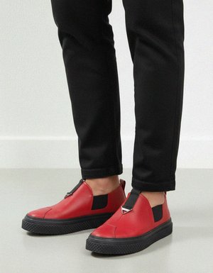 Red Leather Slip-On Sneakers with Textured Sole