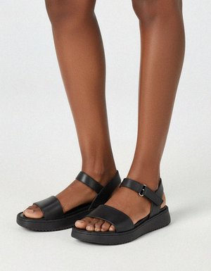 Black Leather Ankle Strap Platform Sandals