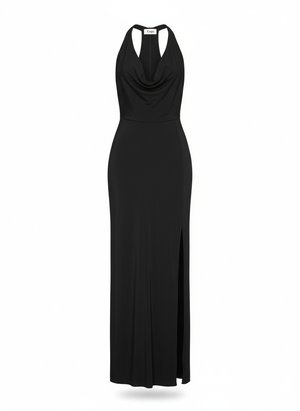 Black Halter Maxi Dress with Draped Cowl Neck