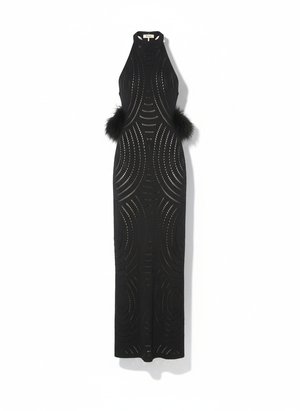 Black Halter Neck Maxi Dress with Intricate Pattern
