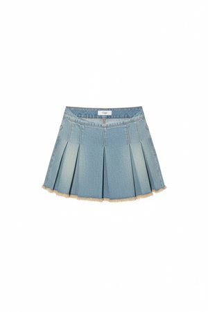 Frayed Hem Pleated Denim Mini Skirt