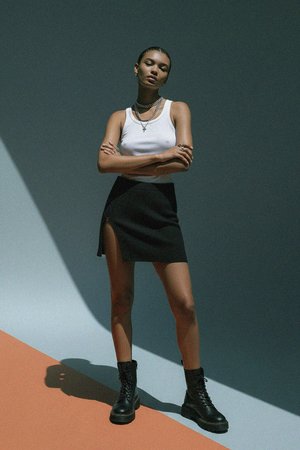 Black Ribbed Mini Skirt with Side Slit Detail