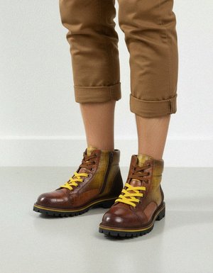 Crocodile Embossed Ankle Boots with Yellow Laces