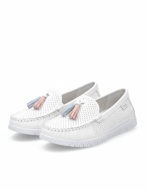 White Perforated Loafers with Pastel Tassels