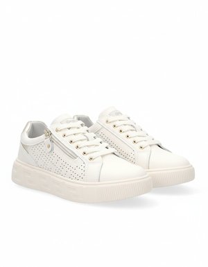 White Perforated Sneakers with Side Zipper Detail