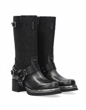 Distressed Black Knee-High Boots with Studs & Harness