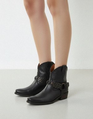 Black Studded Leather Ankle Boots