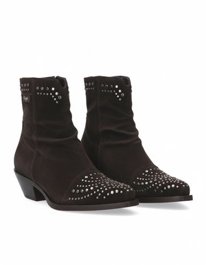 Dark Brown Suede Studded Ankle Boots