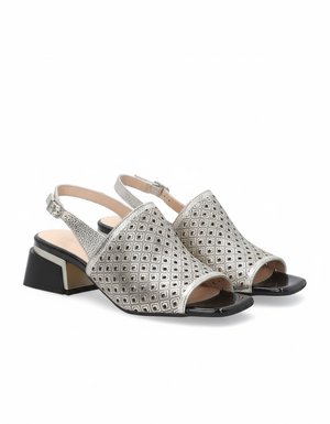 Silver Perforated Block Sandal Heels