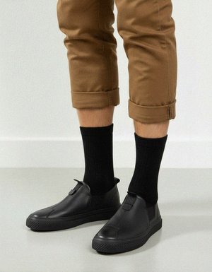 Black Leather Slip-On Sneakers