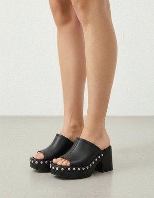 Black Studded Platform Mule with Block Heel