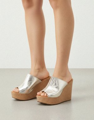 Gold Metallic Cork Wedge Mules