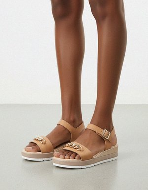 Beige Platform Sandals with Decorative Chain