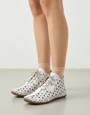 White Floral Perforated Lace-Up Ankle Boots