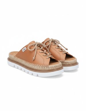 Tan Leather Espadrille Flat Mule