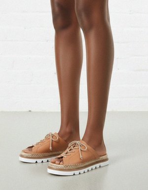Tan Leather Espadrille Flat Mule
