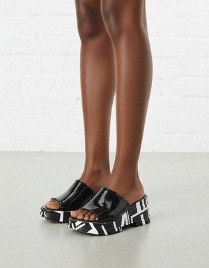 Black Patent Platform Mules with Graphic Print Sole
