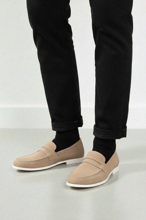 Classic Beige Suede Loafers with White Sole