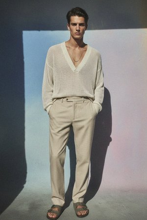 Light Beige Textured Regular Fit Trousers