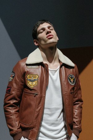 Brown Leather Aviator Jacket with Shearling Collar