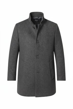 Textured Grey Button-Front Stand Collar Coat