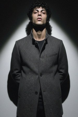 Textured Grey Button-Front Stand Collar Coat