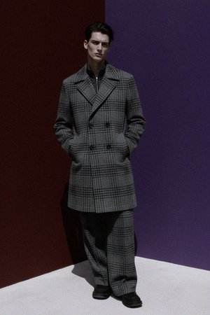 Grey Plaid Double-Breasted Coat
